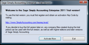 Activation dialog box for Sage Simply Accounting 2011