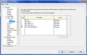 Settings Tax Codes