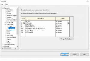 Settings Taxes codes